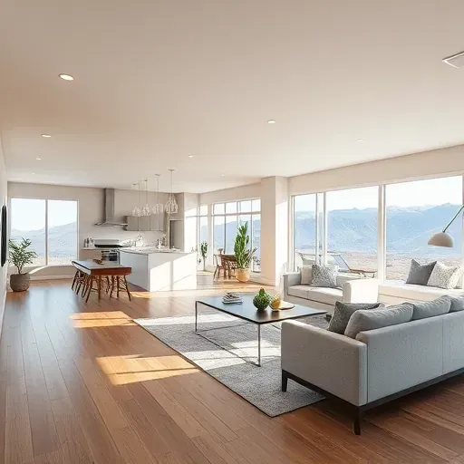 Complete East Bench home remodel featuring a modern living room, open-concept kitchen, hardwood floors, and mountain views.