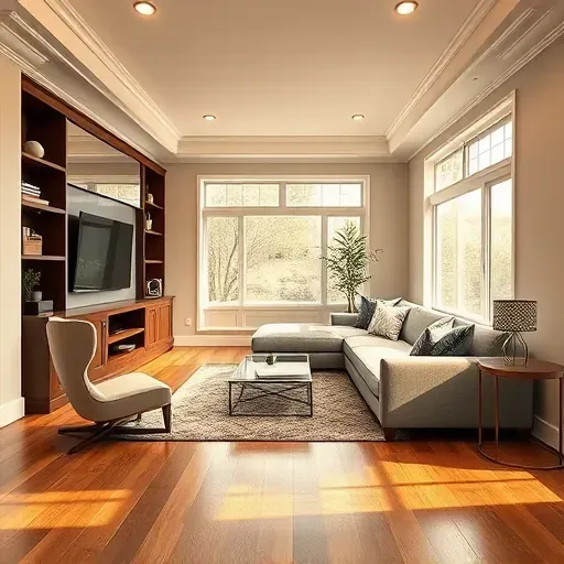 Beautiful finished basement remodeling in Herriman Utah with modern living area, hardwood floors, built-in shelving, and cozy decor