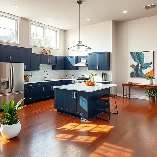 Modern kitchen in Sugarhouse UT with navy cabinets, stainless steel appliances, quartz island, and natural light.