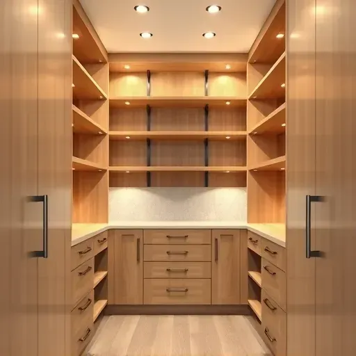 Modern pantry with wooden shelves, neutral cabinetry, stainless steel hardware, soft lighting, and polished flooring in a sleek kitchen