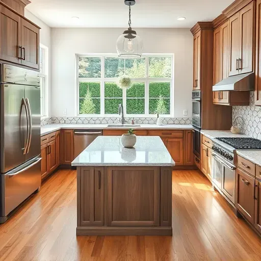 Renovated East Millcreek kitchen with granite counters stainless steel appliances wooden cabinets marble island hardwood floors natural light