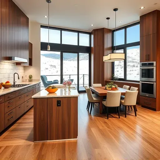 Modern Park City kitchen remodel with walnut cabinets, granite countertops, stainless steel appliances, and mountain views.