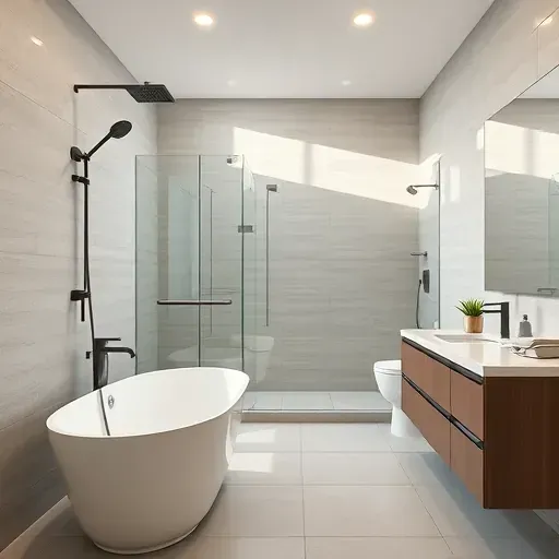 Remodeled Herriman Utah bathroom with modern fixtures, walk-in shower, freestanding tub, sleek vanity and natural lighting