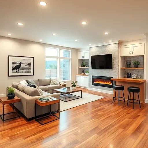 Beautiful finished basement in Herriman, UT featuring hardwood floors, modern lighting, built-in storage, cozy seating, fireplace, and bar area.