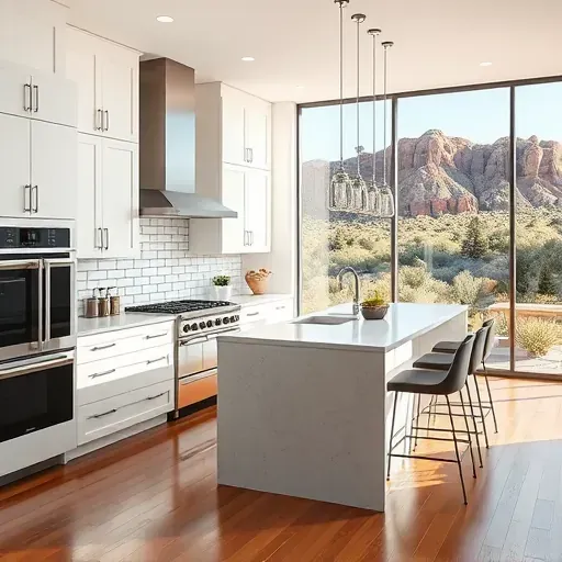 Completed high-end Canyon Rim kitchen with modern cabinets, quartz counters, stainless appliances, subway backsplash, hardwood floors and scenic window views