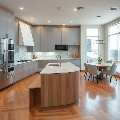 Modern Herriman UT kitchen with sleek cabinetry, gray and white tones, granite countertops, island with storage, stainless appliances, hardwood floors, and natural light