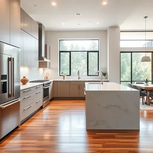 Remodeled Riverton UT kitchen with matte modern cabinets, quartz island, stainless steel appliances, textured backsplash, hardwood floors, and large window.