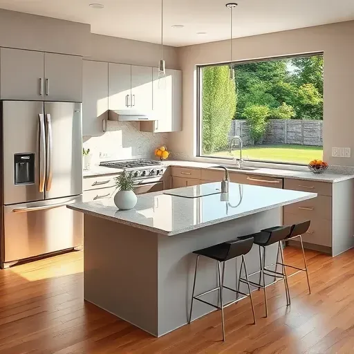 Newly renovated Federal Heights kitchen with modern matte cabinetry, stainless appliances, quartz island, stylish backsplash, hardwood floors, and large windows.
