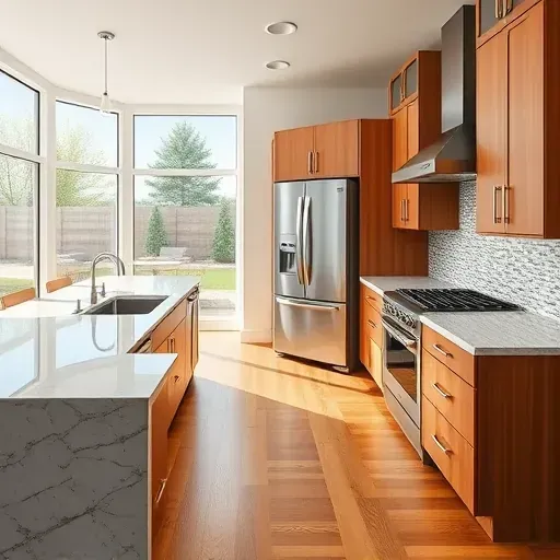 Remodeled Liberty Wells, UT kitchen with custom cabinets, granite island, stainless appliances, hardwood floors, and modern decor.