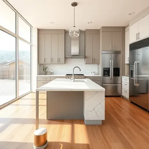 Modern remodeled kitchen in Lehi Utah with neutral matte cabinets stainless steel appliances quartz countertops marble island and hardwood floors