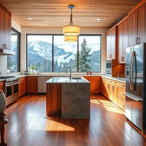Remodeled modern kitchen in Park City with granite counters, wooden cabinets, stainless appliances, mountain view