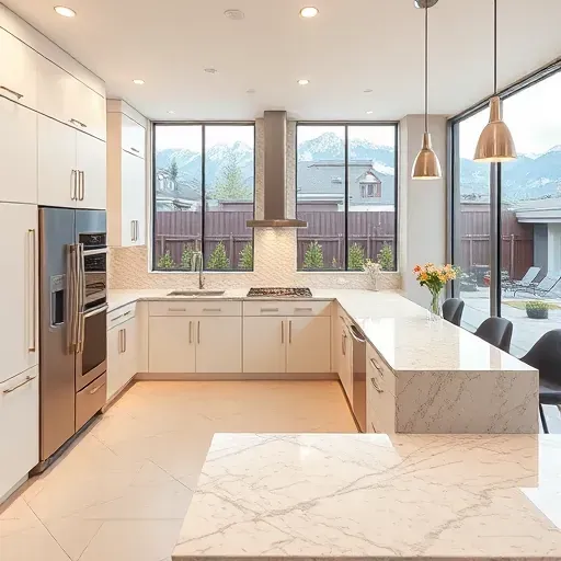 Modern Salt Lake City kitchen with sleek cabinetry granite countertops stainless steel appliances and mountain views