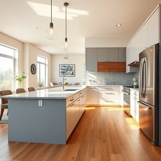 Remodeled South Jordan, UT kitchen with modern matte cabinets, quartz island, hardwood floors, and scenic Utah views.