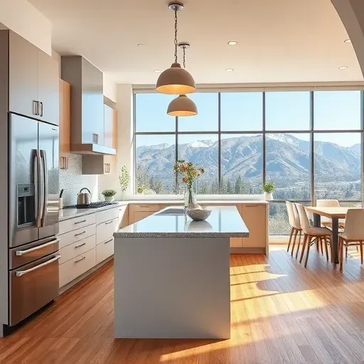 Remodeled Alpine Utah kitchen with modern matte cabinetry stainless steel appliances granite island mountain views hardwood floors