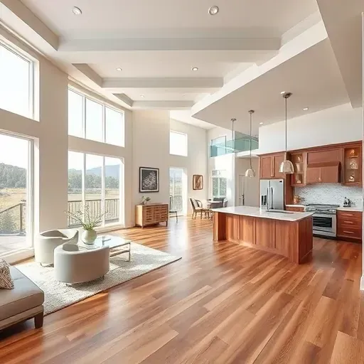 Modern renovated Utah home interior with spacious living room, large windows, sleek wood floors, and open-concept kitchen.