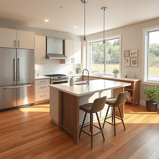 Modern Utah kitchen with matte cabinets quartz countertops stainless steel appliances hardwood floors and natural light
