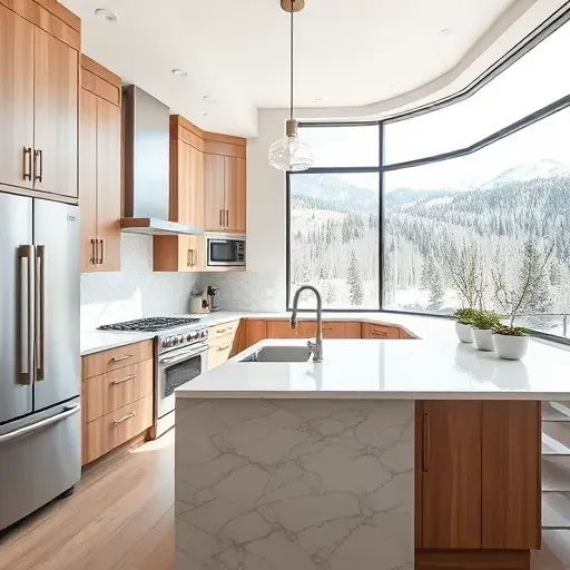 Renovated modern kitchen in Park City with marble countertops stainless steel appliances large window mountain views and minimalist decor