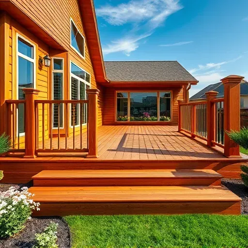 Beautiful Herriman deck with detailed wood, elegant railings, built-in seating, modern lighting, lush backyard, sunny sky.
