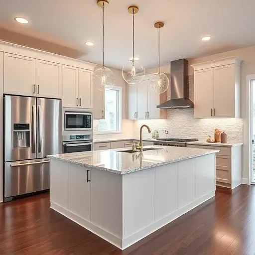 Modern kitchen remodel in Highland UT with sleek cabinetry, stainless steel appliances, and spacious granite island.