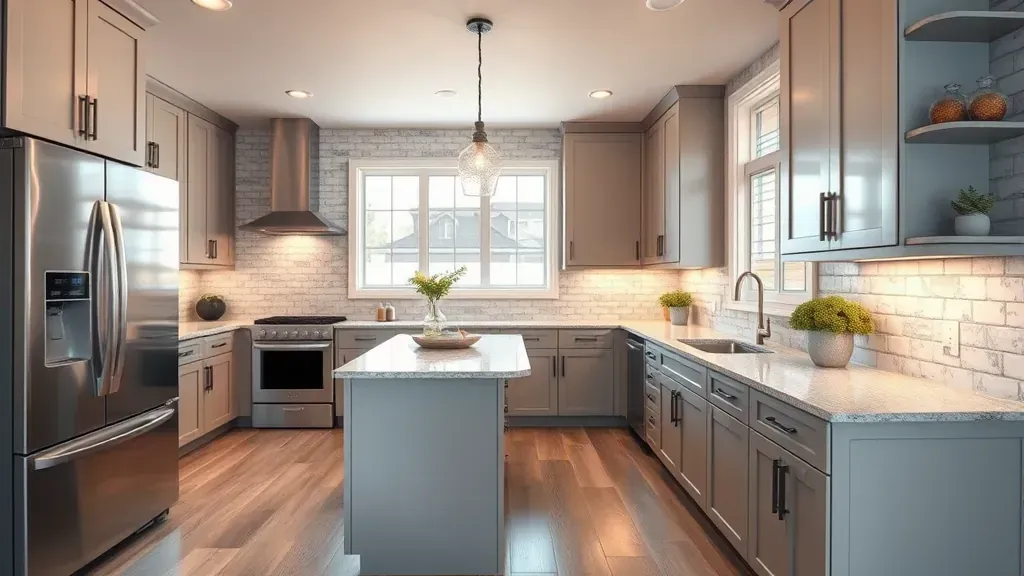 Remodeled Bluffdale Kitchen with granite countertops, stainless appliances, wooden cabinetry, hardwood floors, and scenic mountain views.