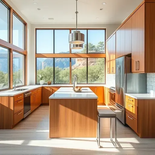 Modern Olympus Cove kitchen with wood cabinets, quartz counters, stainless appliances, and lush outdoor views.