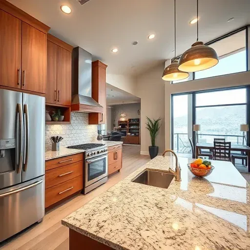 Renovated Canyon Rim Utah kitchen with warm wood cabinetry stainless steel appliances granite island bright natural light