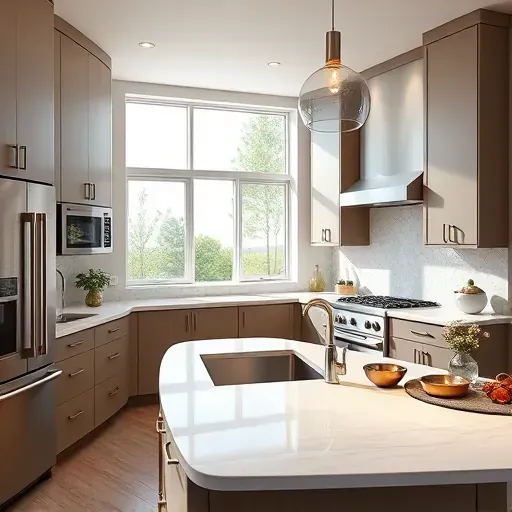Modern kitchen with matte cabinets, quartz island, stainless appliances, hardwood floors, and natural light in East Millcreek.