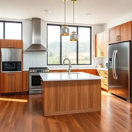 Modern Capitol Hill kitchen with granite countertops, custom matte cabinets, hardwood floors, and scenic Utah views.