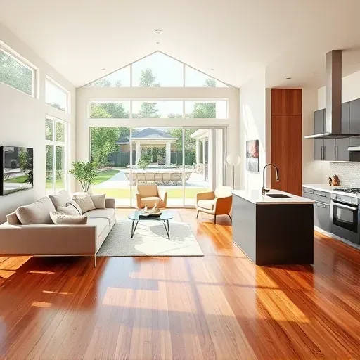 Modern renovated Saratoga Springs home interior with open living, hardwood floors, stylish furniture, and lush backyard view.