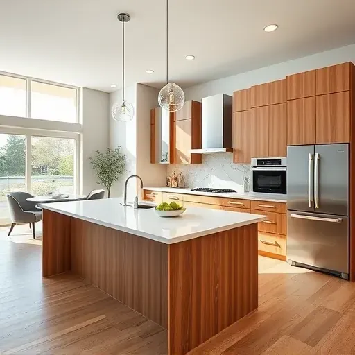 Recently remodeled Sandy Utah kitchen with sleek wood cabinets, quartz island, stainless steel appliances, stone backsplash, and natural light