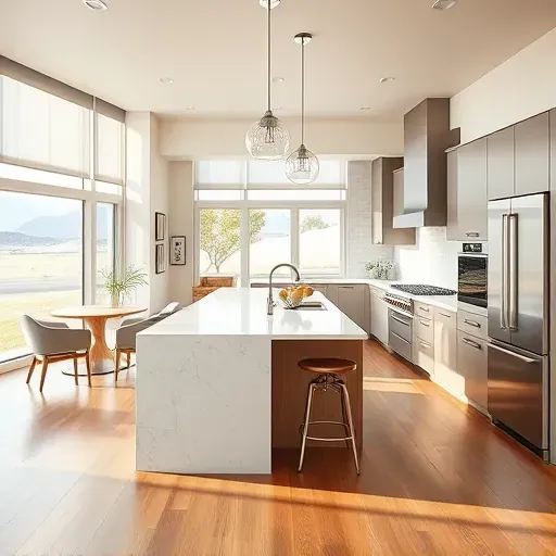 Modern remodeled Harvard-Yale, UT kitchen with sleek cabinets, stainless steel appliances, marble island, and natural light.