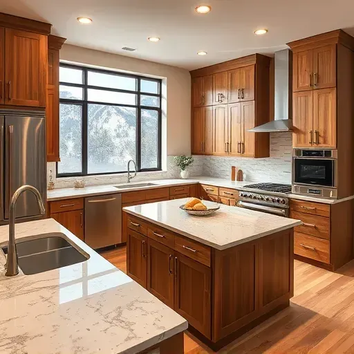 Renovated Jeremy Ranch, UT kitchen with warm wood cabinets, quartz countertops, stainless appliances, and mountain views.