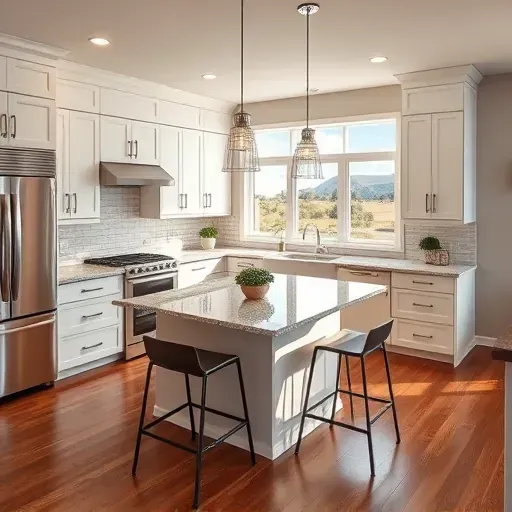Recently remodeled Herriman Utah kitchen with white cabinetry stainless appliances granite island bright natural light