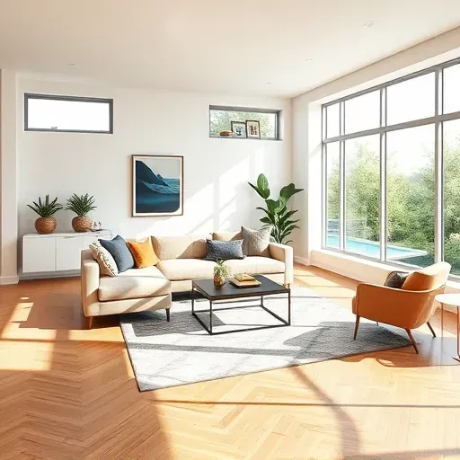 Modern living room in Upper Avenues UT with elegant wooden flooring, panoramic windows, and stylish decor elements.