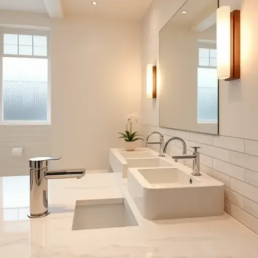 Modern bathroom with sleek chrome fixtures, under-mount sinks, LED lighting, marble countertops, subway tile walls, and neutral tones in Herriman Utah