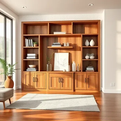 Modern built-in wooden shelving with organized decor in a bright minimalist living room in Herriman UT