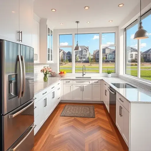 Recently remodeled modern kitchen in Federal Heights UT with white and light gray cabinetry, stainless steel appliances, quartz countertops, subway tile backsplash, hardwood floors, and large windows showing suburban scenery