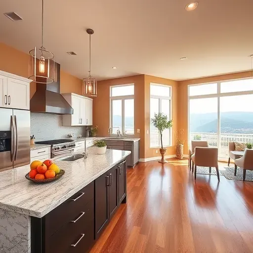 Modern kitchen in North Salt Lake, with granite countertops, stainless steel appliances, and large island with fruit.