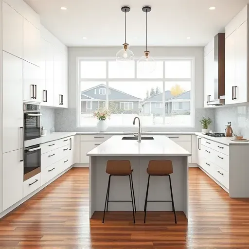 Renovated Utah kitchen with matte modern cabinets, quartz island, stainless appliances, intricate tile backsplash, and natural light.