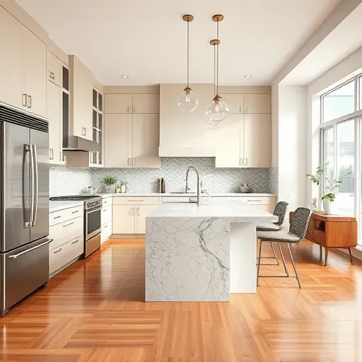Remodeled 15th & 15th Utah kitchen featuring modern cabinetry, stainless appliances, quartz island, hardwood floors, and natural light.