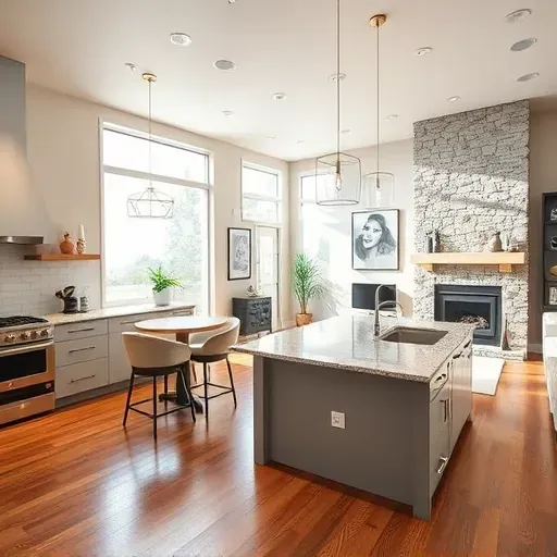 Modern Sandy UT kitchen remodeling with sleek cabinetry, polished granite, and cozy open-concept living area.