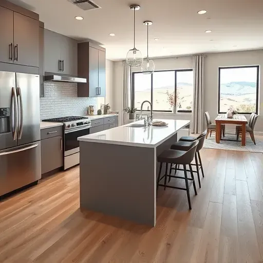 Completed modern kitchen in Bluffdale UT with sleek cabinetry, stainless steel appliances, quartz countertops, hardwood floors, and scenic window view