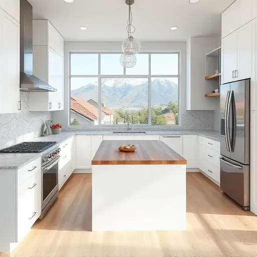 Remodeled Federal Heights Utah kitchen with white cabinetry granite countertops stainless steel appliances large island hardwood floors mountain view