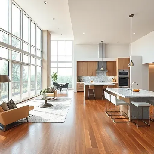 Renovated Yalecrest UT open-concept living room and kitchen with modern finishes, hardwood floors, large windows, and stylish design.