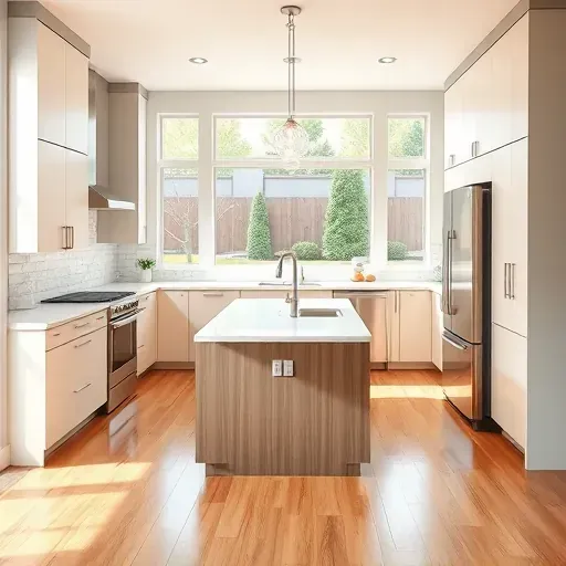 Remodeled South Jordan UT kitchen with matte cabinets quartz counters stainless steel appliances island hardwood floor glass tile backsplash natural light and backyard view