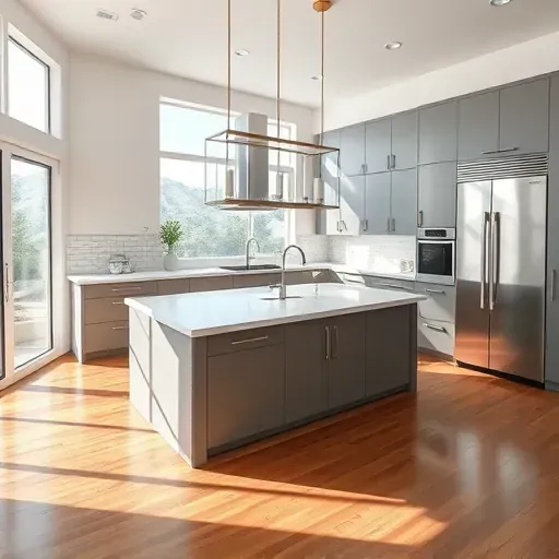 Renovated kitchen in Herriman UT with sleek cabinetry, quartz island, stainless appliances, and natural lighting.