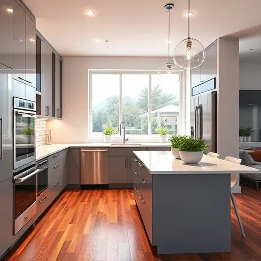 Modern North Salt Lake kitchen with sleek cabinetry quartz countertops stainless steel appliances hardwood floors and warm lighting