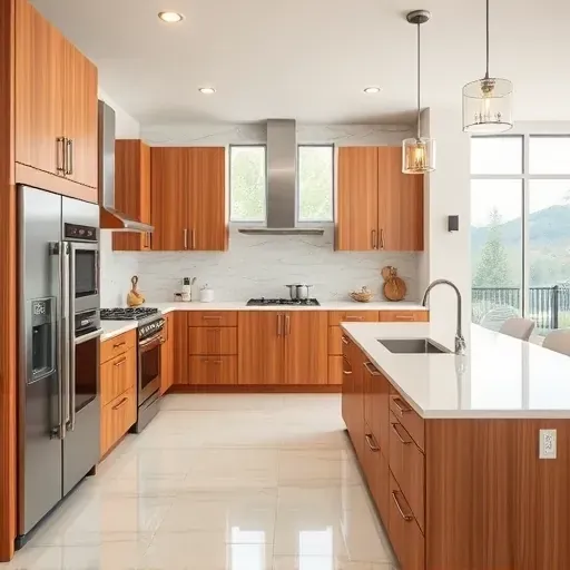 Remodeled Saratoga Springs kitchen with oak cabinets, stainless appliances, marble island, LED lighting, and hardwood floors.