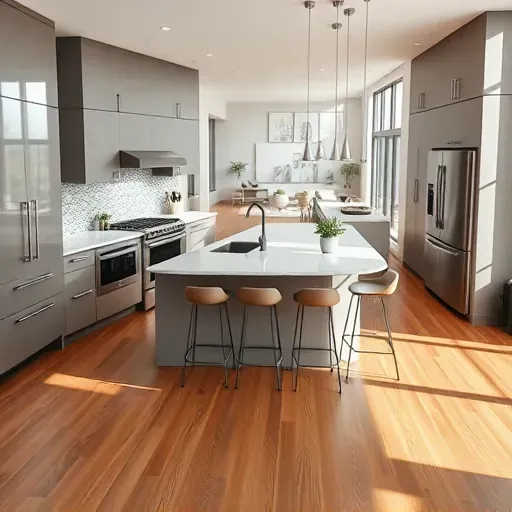 Remodeled Foothill Blvd kitchen with minimalist cabinets, stainless steel appliances, quartz island, subway backsplash, and hardwood floor.