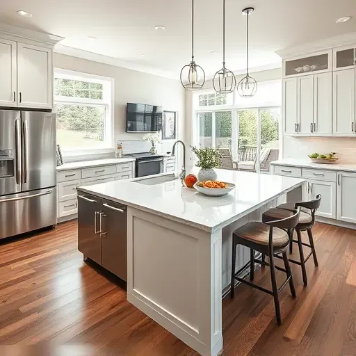 Modern Taylorsville kitchen with stainless steel appliances, marble island, and minimalist cabinetry in natural light.